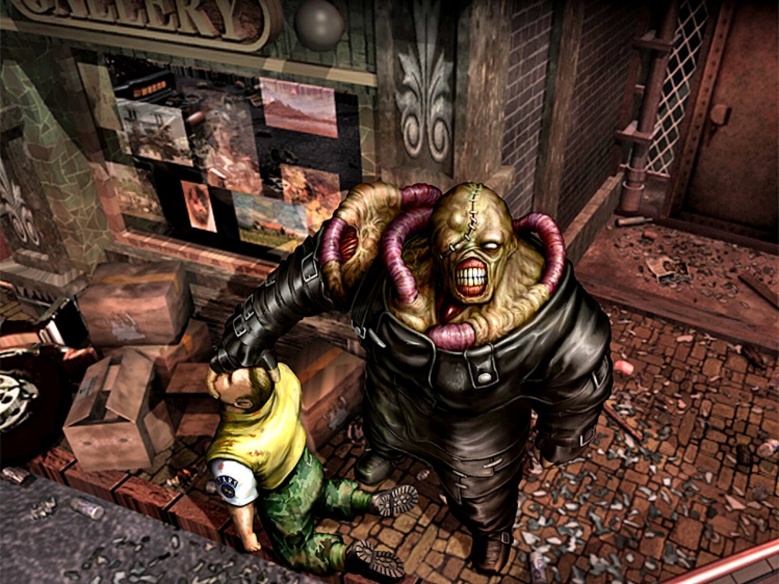 Arte de Resident Evil 3: Nemesis — Jill Valentine encarando o Nemesis nas ruas de Raccoon City